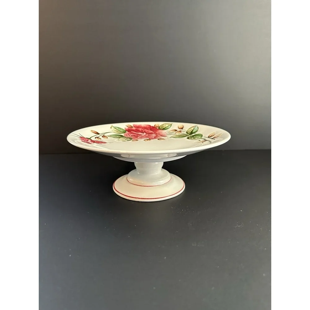 Vintage Americana By Lefton Pedestal Cake Plate Stand Pink Roses Cottagecore